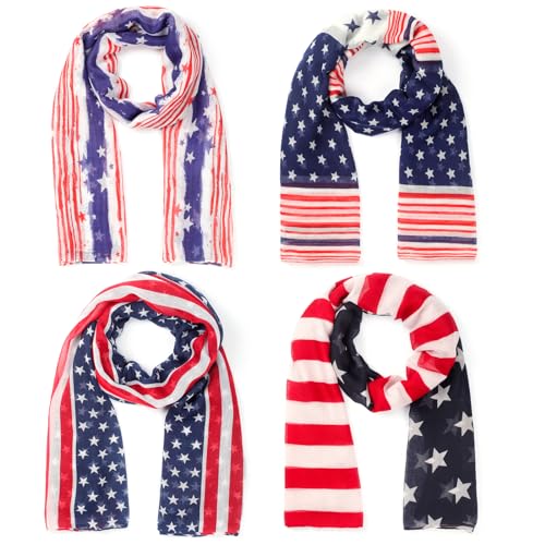 4 Pcs Independence Day American Flag Scarf Patriotic Scarf for Women Blue Red White USA Flag Wrap Soft 4th of July Shawl for Gifts