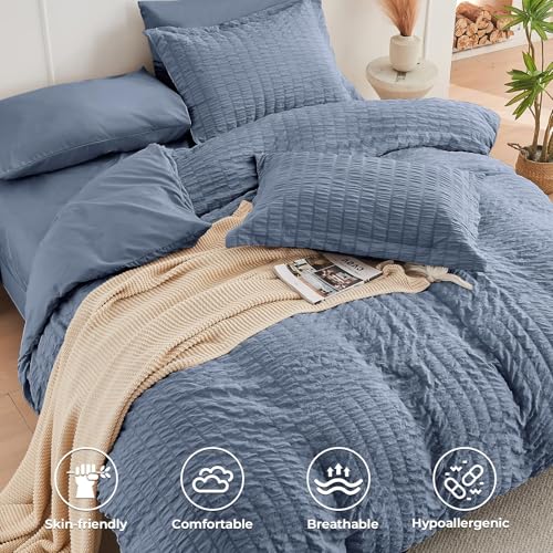 Image of HYMOKEGE Nordic Blue King Size Comforter Set Seersucker 7 Pieces, All Season Luxury Bed in a Bag for Bedroom, Bedding Set with Comforter, Sheets, Pillowcases & Shams
