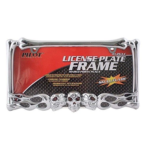 Chromed Skull W/Red Painted Eyes Flames Bones Design License Plate Frame Die Cast Zinc Triple Chrome Plating Auto Car Truck Suv By Pilot Auto #TOP2