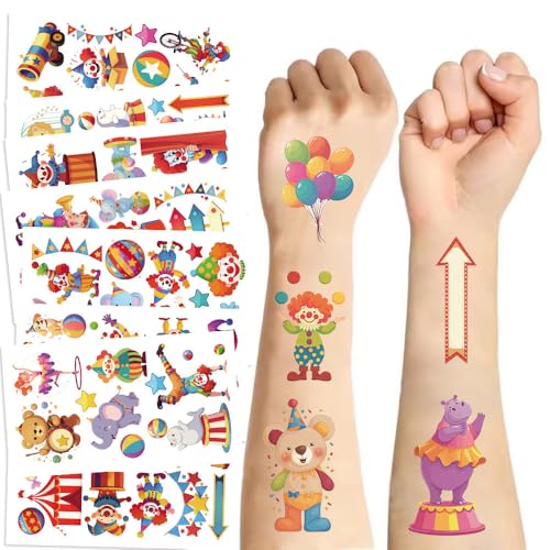 KLINNA 10 hojas de tatuajes de circo para carnaval, tatuajes infantiles amigables con la piel para niños, pegatinas temporales como obsequios para cumpleaños infantiles, regalos de invitados