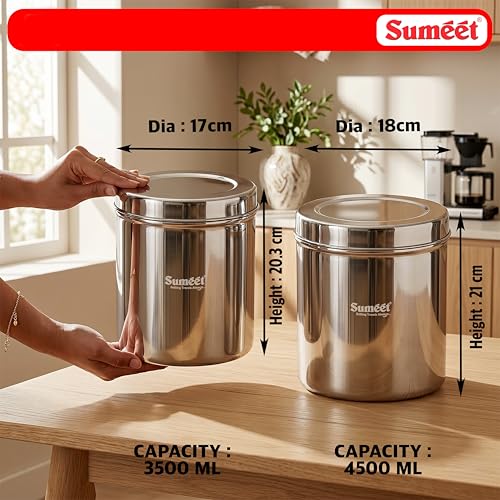 Image of Sumeet Stainless Steel Big Dabba /Canisters /Vertical Storage Container for Kitchen, 17cm & 18cm Dia - 3500ml - (3.5Kg to 4Kg Approx) & 4500ml - (3.9Kg to 4.5Kg Approx)