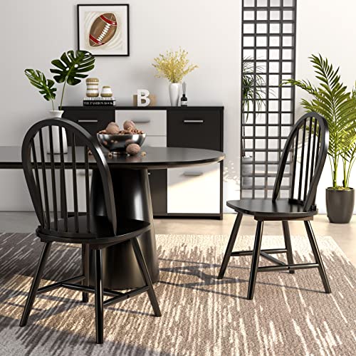Image of COSTWAY Windsor Dining Chairs Set of 2, Mid-Century Modern Wood Chairs w /Spindle Back & Reinforced H-Shaped Legs, Farmhouse Armless Kitchen Chair for Living Dining Room, Restaurant (Black)