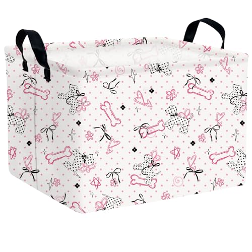 Image of Kid Dog Toy Basket, Pink Bone Black Bow | Rectangular, Collapsible Storage Bin, Baby Room Decor, Nursery Gift Basket