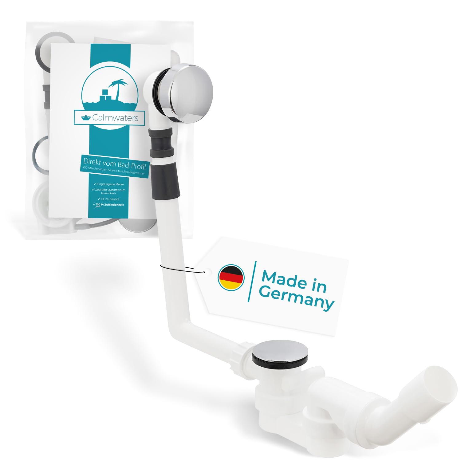 Calmwaters® Excenter-Ablaufgarnitur für Badewannen, Badewannengarnitur mit Überlauf und Excenterbedienung, Überlaufgarnitur für Rechteckwannen, Kunststoff, Chrom, Weiß, 31PM5074 Küche, Haushalt & Wohnen