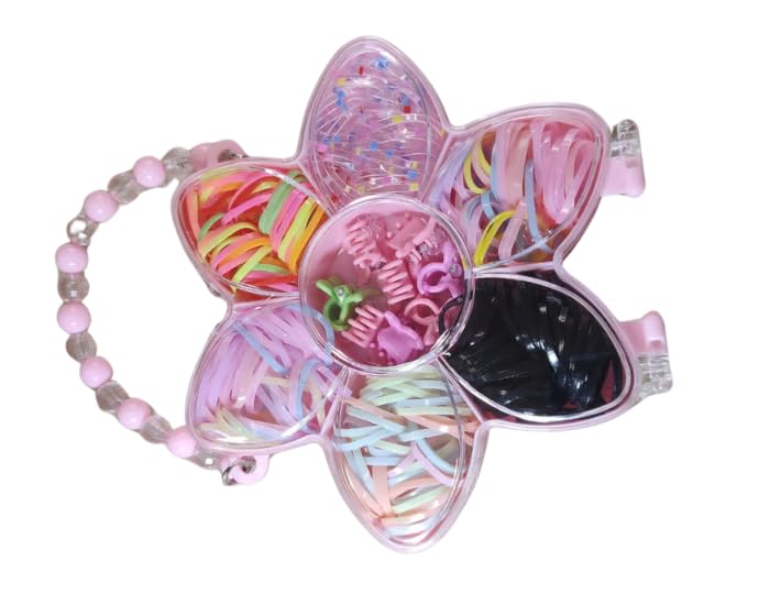 Estojo Infantil Formato Estrela com Elásticos Coloridos para Cabelo, Rosa, com Alça de Miçangas