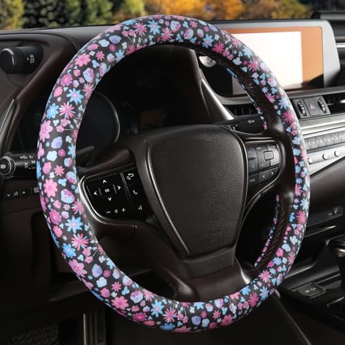 SthExtra Leather Steering Wheel Cover for Men Women with Upgraded Silicone Inner Ring, Non-Slip, Breathable, Odorless, Universal 14.5-15 Inch (Floral Print, Silicone Leather) — view 5