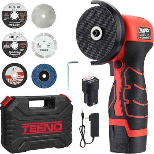 Meuleuse d'Angle Sans Fil TEENO 19 500 RPM, Disqueuse 76mm avec 2 Batteries 2000mAh, 6 Disques Tronçonnage + Boîte Plastique - Pour Meulage, Polissage, Découpe Professionnels