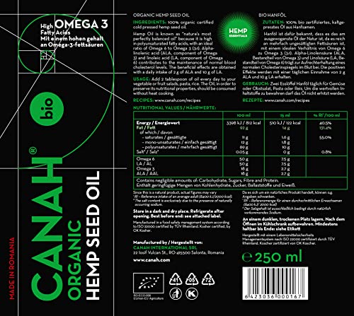 Natürliches Hanfsamenöl von Canah 250 Mililiter BIO - kaltgepresst, roh, vegan, reich an Omega-3 Omega-6 Fettsäuren, trägt zum normalen Blutcholesterinspiegel bei, Koscher zertifiziert