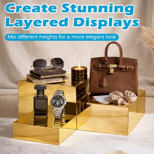 Gold Acrylic Mirrored Risers Display Stands, 4Pcs Food Risers for Buffet Table Gold, Acrylic Cube Display Stands Box Risers for Catering Dessert Perfume Collection Jewelry Party Centerpieces(Size 5",6",7",8") by koretech - Image 2
