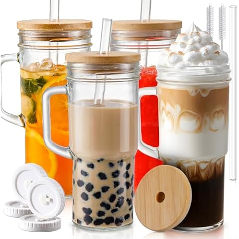 Glass Cups with Lids and Straws,24oz Mason Jar with Handle-DWTS Glass Tumbler with Straw and Lid,Smoothie Cup,Mason Jar Cups【4 Pack】 Cover