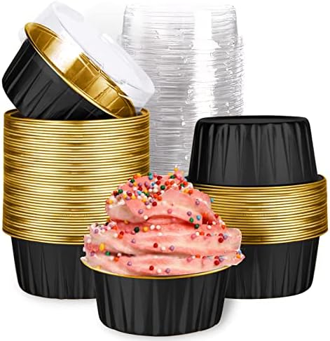 Mini Aluminum Foil Cupcake Baking Cups with Lids (40pcs, 5oz) Round Cupcake Foil Liners Tart Pie Tin Pan Holder - Disposable Mini Cake Containers Flan Molds for Pudding, Souffle, Party, Wedding