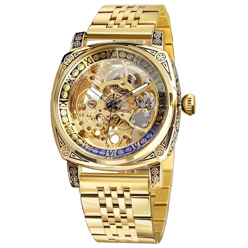 Image of FORSINING Fancy Watches for Men, Square Retro Mechanical Watch Self-Wind Carved, Gear Movement Golden Skeleton Automatic Watches Vintage Leather Strap Wrist Watch