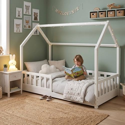 Miniatura 6 de Well Home Mobiliario Decoración Cama Infantil Modelo Cabaña De Pino Lacada En Blanco 90x190cm