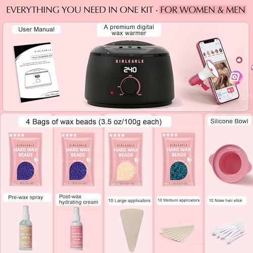 Image of GIRLEARLE Black and Pink Digital Waxing Kit for Women and Men Nose & Ear | Wax Kit Hair Removal at Home with Wax Beads & Silicone Pot, Designed for Brazilian Bikini, Facial, legs, Body, Sensitive Skin