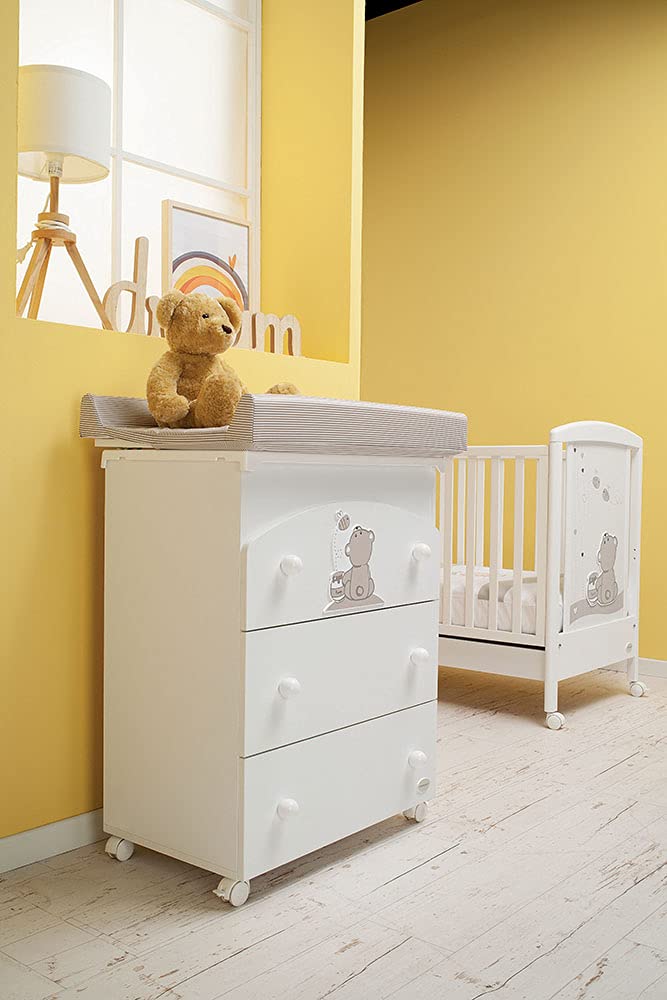 Foppapedretti Bagnetto Fasciatoio Golosone, Legno, Made in Italy, 3 Cassetti, Piano Fasciatoio Ribaltabile, Vaschetta Anatomica Estraibile, 4 ruote, Materassino Incluso, 47x69x89 cm, Bianco