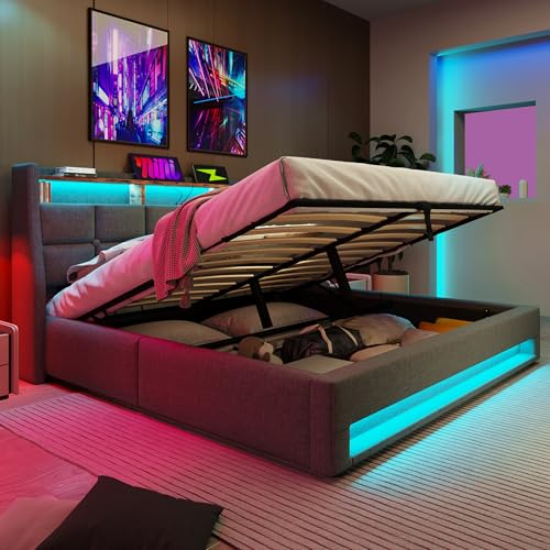 Upholstered Bed Frame with Hydraulic Lift&Storage Headboard, 5ft King Size Bed Frame with LED Lighting&USB Type-C Charging Function, Linen Functional Ottoman Storage Bed with Slat, No Mattress, Grey