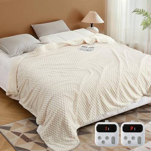 GarveeHome Heated Blanket Electric Blanket King Size 90 in x100 in, w/Dual Control,10 Heating Levels & 10 Hours Auto Shut Off, Cozy Soft Fleece Fast Heating Blankets Gift, Machine Washable, Beige