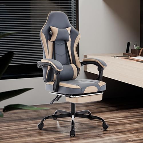 Image of Gaming Chair with Footrest for Home Office - High Back Computer Chair with Headrest and Lumber Support, Ergonomic Height Adjustable Leather Game Chairs (Beige+Blue)