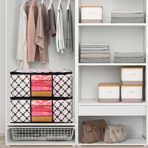 Image of Non-Woven Saree Covers with Zipper & Transparent Window | Clothes Storage Bags for Wardrobe Organization | White Dustproof Garment Storage box with Black Dot for Sarees and Clothes (Pack of 30)