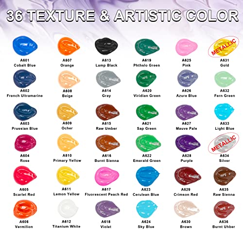 Drawdart Acrylic Paint Set, 36 Colors Painting Supplies For Canvas Wood Fabric Ceramic Crafts, Non Toxic&Rich Pigments For Artists & Hobby Painters, 2 Fl Oz / 60 Ml Bottles #TOP2