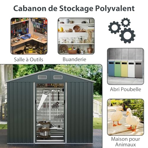 Abri de jardin métal avec 4 aérations et toit double pente protecteur - 7