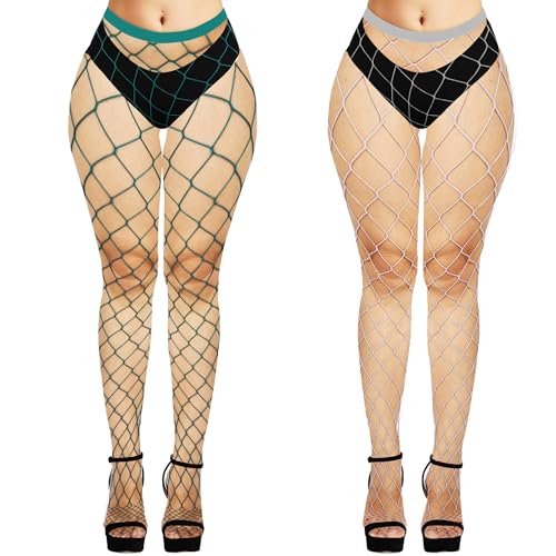 Image of Violet Mist 2 Pack Womens High Waist Fishnet Tights Large Net Fishnets Stockings Colorful Sexy Hollow Out Pantyhose