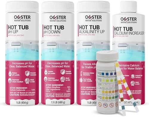 Bio Ouster Hot Tub Water Balancing Kit – Spa pH Up, pH Down, Alkalinity Increaser, Calcium Hardness Increaser & Test Strips – Spa Chemicals Starter Kit for Inflatable & Acrylic Hot Tubs – Made in USA