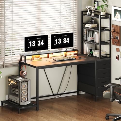 Image of RALGEND Computer Desk with Shelves and Drawers, 43.3 Inch Gaming Desk with Charging Station and LED Lights, Desk Workstation with Monitor Stand and Storage for Home Office, Black