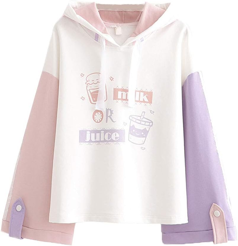 PackitcuteLolita Casual Hoodies Teen Girls Patchwork Cute Cartoon Long Sleeve Tops