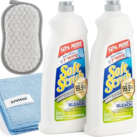 2 Soft Scrubb with bleach cleanser, 36 Fl Oz. (Pack of 2) with 1 Microfiber TOWEL + 1 Duvilo Dual-Sided Scrubbing SPONGE Cover