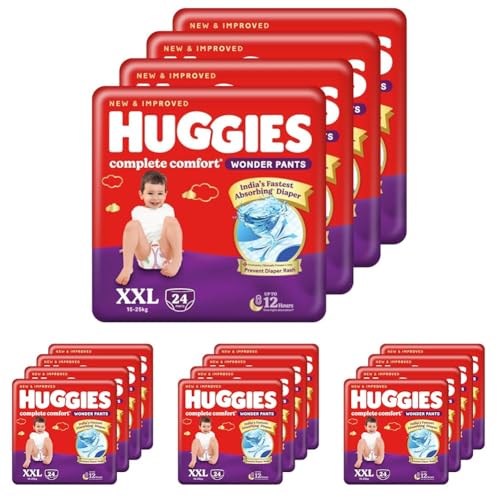 Image of Huggies Complete Comfort Wonder Pants | Pant Style Baby Diapers Double Extra Large (XXL) Size, 96 Count | India's Fastest Absorbing Diaper, Prevents Diaper Rash, Ideal for 15 to 25 Kgs (24 Count, Pack of 16)