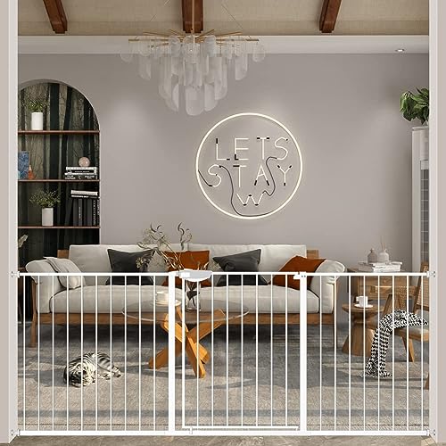 Image of DEARBB Triple Lock Baby Gate for Stairs Doorways and House 31 inch to 86 inch Extra Wide Pressure Mounted Easy Walk Through Auto Close Safety Pet Gate White 67.32-76.77 inch