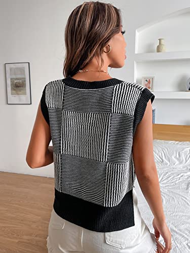 Soly Hux Women's Sleeveless V Neck Sweater Vest Trendy Pullover Knitwear Tank Tops Black And White L #TOP3