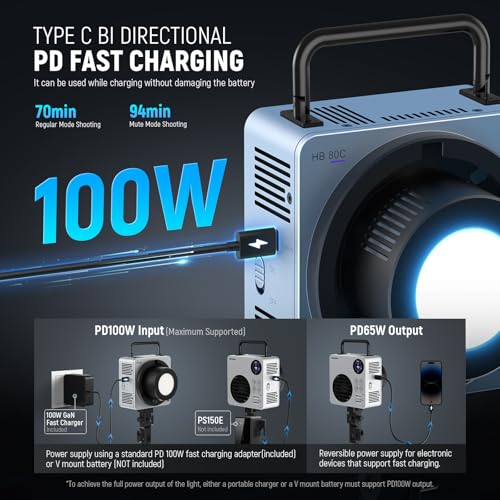 Image of NEEWER RGBWW HB80C LED Video Light with 80 W and 72 Wh Battery, 100 W PD Fast Charger, App Control, 2.4 G, 10400 Lux /m, 2500 K-7500 K, Mini RGB Tree Mount, Studio Recording, Continuous Light, HB80C