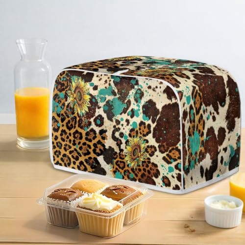 Image of Talayituse Sunflower Cow Leopard Print 2 Slice Toaster Dust Covers Kitchen Small Appliance Cover, Stain Resistant Dust Protection Bread Machine Cover with Top Handle, S