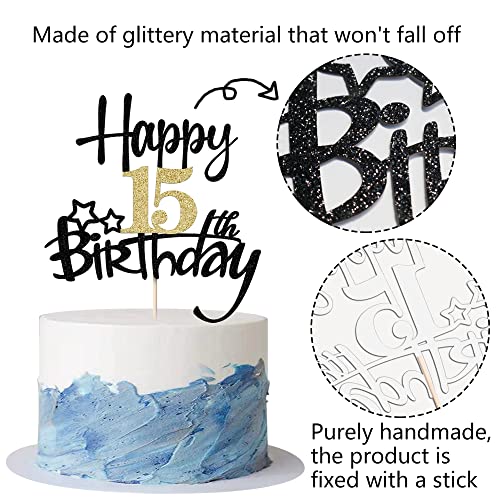 Kaoenla Black Gold Glitter Happy 15Th Birthday Cake Topper - Hello 15/Cheers Happy 15Th Birthday, 15Th Wedding Anniversary，15 Years Love And Blessings Promise Update Party(15Th) #TOP4