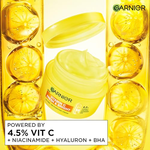 Image of Garnier Fresh & Bright Vitamin C Sorbet Gel Face Moisturizer Cream, 45g | 4.5% Vit C + Hyaluronic Acid + Niacinamide + BHA, For Hydration & Dark Spot Reduction, For Oily, Normal & Combination Skin