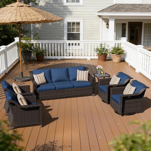 Image of 6 Piece Patio Furniture Set, Wicker Outdoor Conversation Set | Patio Chair Set with Olefin Removable Cushion, All-Weather Outdoor Couch with Deep Seat for Porch, Deck and Backyard, Blue