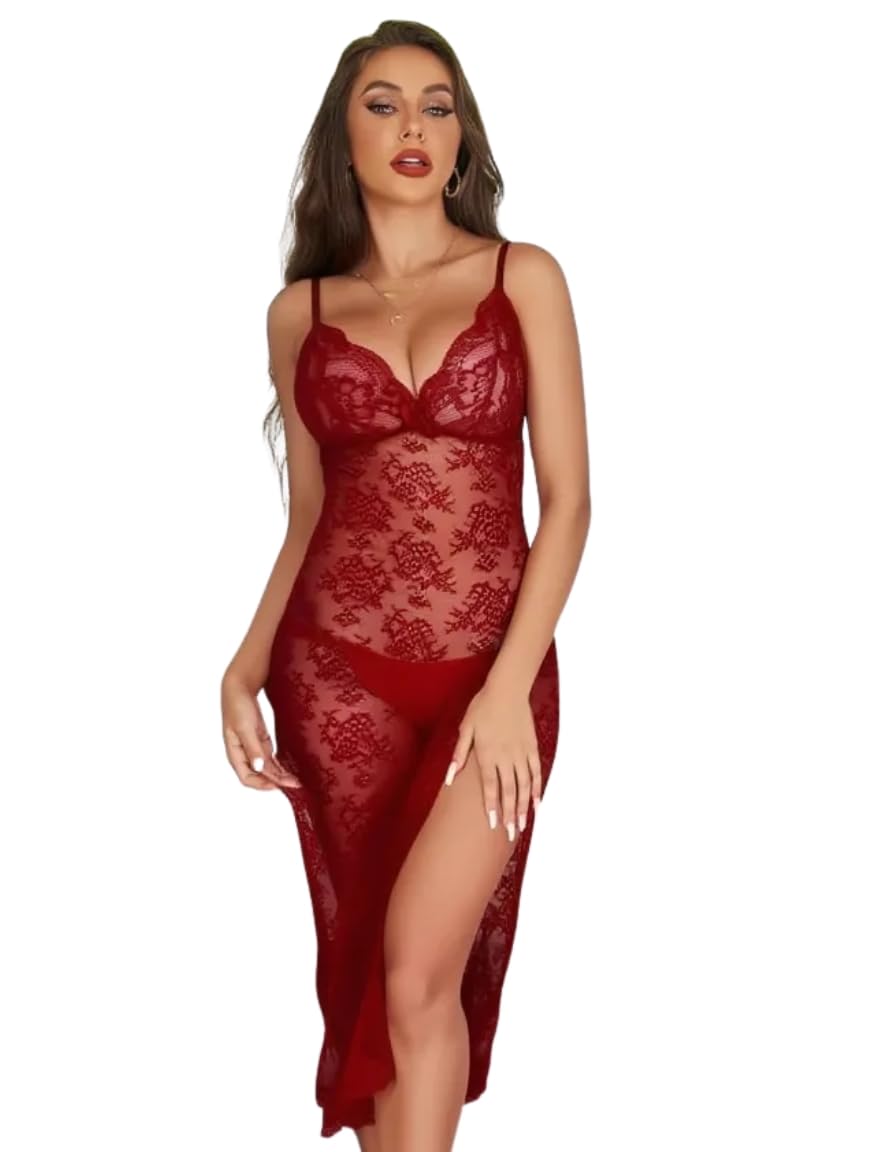 luxzii - a touch of luxury LUXZII Women Lace Babydoll Night Dress, Deep Neck Sheer Long Lingerie with Side Slit Design (Free Size)-picture-27