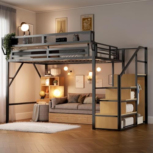 KEIKI Queen Size Metal Loft Bed Frame with Staircase, Built-in Storage Shelves and Wardrobe, Modern Loft Bed with Solid Slats and Guardrail, No Box Spring Required, Easy Assembly, for Bedroom, Black