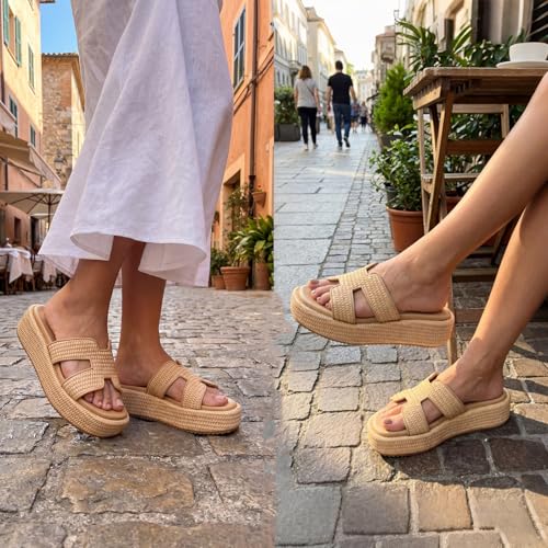 Monrovia Raffia Platform Sandals for Women Slip-On Espadrille Wedges Slides, Flatform Woven Straw Summer Vacation Beach Shoes Apricot Size 7.5 by Monrovia - Used condition - Image 6