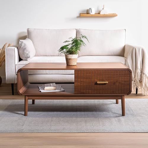 Sicaan Table Basse rétro 105 x 50 x 45,5 cm Finition Noyer - Milo 1 tiroir Rangement Niche Ouverte...