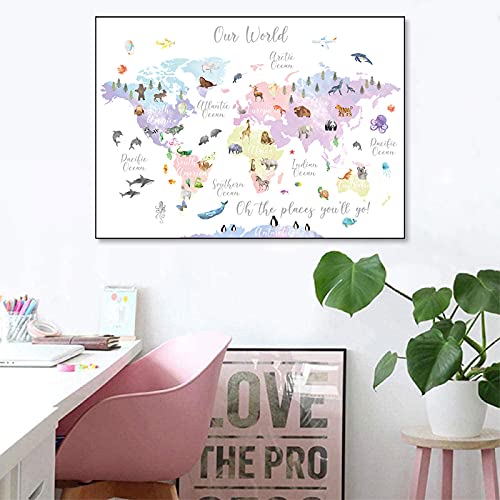 Vlejoy Animal Map Canvas Pink Animal Wall Art Nordic Style Animal World Map Wall Art Children Poster Pink Map Canvas Wall Art Pink Map Poster For Baby Bedroom Playroom Home Decor 24X36Inch No Frame #TOP2