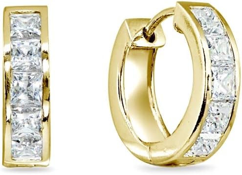 Sterling Silver 15mm Princess-Cut Channel Small CZ Huggie Hoop Earrings, Made with AA Cubic Zirconia