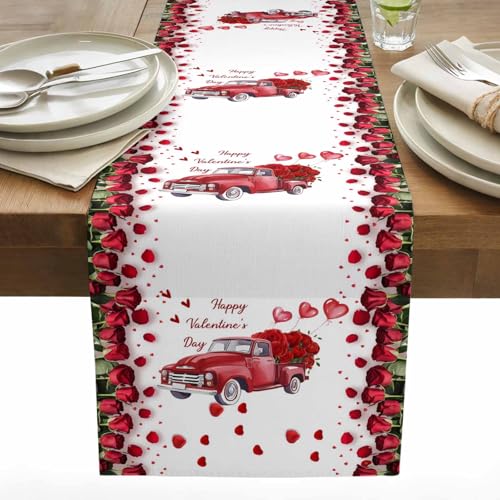 Valentine's Day Cotton Linen Table Runner for Dining Kitchen, Red