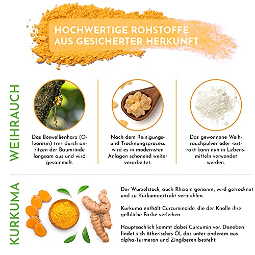 Weihrauch Kurkuma Vergleichssieger, 180 Kapseln hochdosiert Boswellia Serrata 2000mg, 85% Boswelliasäure, 500mg CURCUMA, 95% Curcuminoide Tagesdosis, ohne Zusätze oder chemische Entzündungshemmer