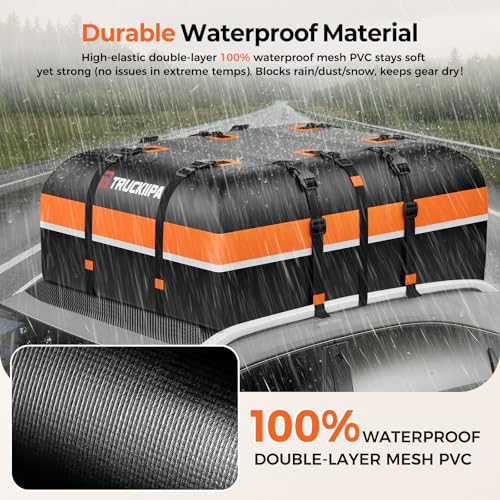 Image of Truckiipa Car Rooftop Cargo Carrier Bag, 20 Cubic Feet Waterproof Roof Cargo Carrier Bag, Soft Shell Car Top Cargo Box for All Vehicles with /Without Racks, Anti-Slip Mat, Door Hooks, Luggage Lock