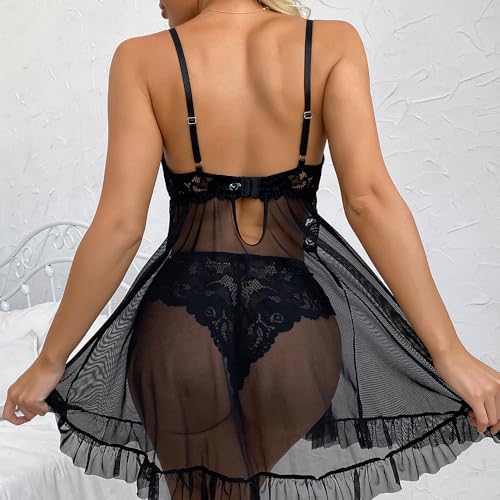 Sexy Unterwäsche für Frauen Spitze Lingerie mit Tanga Reizvolles Nachtwäsche Kleid Tiefer V Ausschnitt Negligee für Romantische Nächte – Bild 4