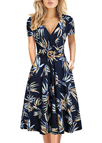 Womens Elegant Criss-Cross V Neck Vintage Short Sleeve Work Casual Party Swing Tea Dress with Pockets 980 (XL Blue Floral)