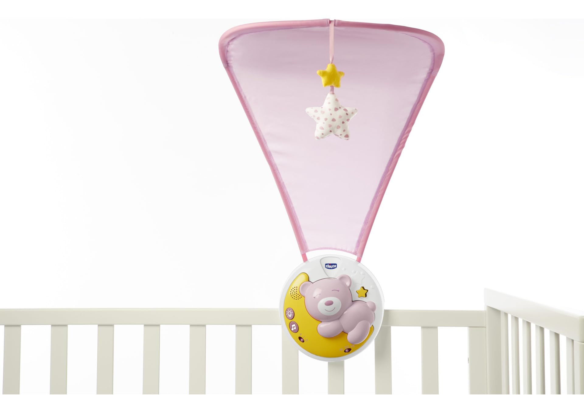Chicco Next2Moon Móvil Cuna para Recién Nacidos, Proyector Desmontable, Compatible con Cuna Next2Me, Luces Multicolor, Música Relajante, Figuras Colgantes, Juguete para Recién Nacidos +0 Meses, Rosa
